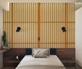 Japanese bamboo grid wallpaper in a modern living room showing geometric pattern and warm honey tones
