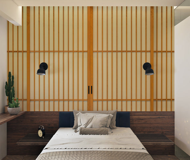 Japanese bamboo grid wallpaper in a modern living room showing geometric pattern and warm honey tones