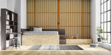Bamboo grid wallpaper creating a zen atmosphere in a minimalist bedroom