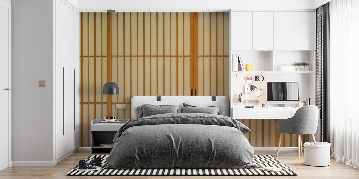 Japanese style wallpaper featuring bamboo grid design in a dining room setting