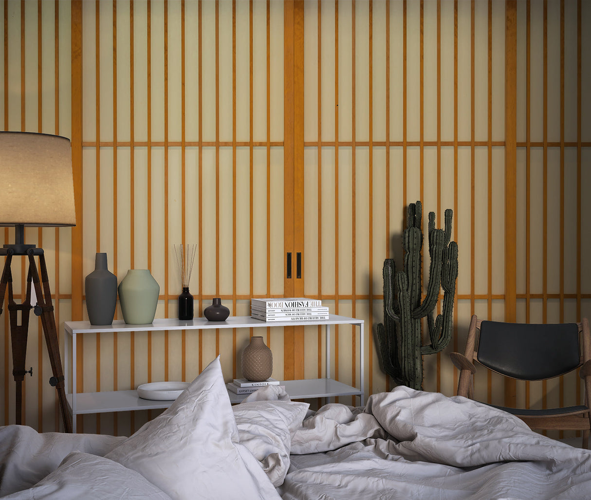 Geometric bamboo wallpaper showcased in a meditation room
