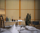 Geometric bamboo wallpaper showcased in a meditation room