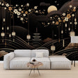 Japanese temple wallpaper with cherry blossoms creates a stunning accent wall in a modern living room with minimal furniture
