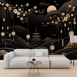 Japanese temple wallpaper with cherry blossoms creates a stunning accent wall in a modern living room with minimal furniture