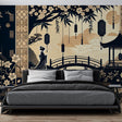 Japanese garden wallpaper in modern living room showing black and gold zen design with cherry blossoms and bridge