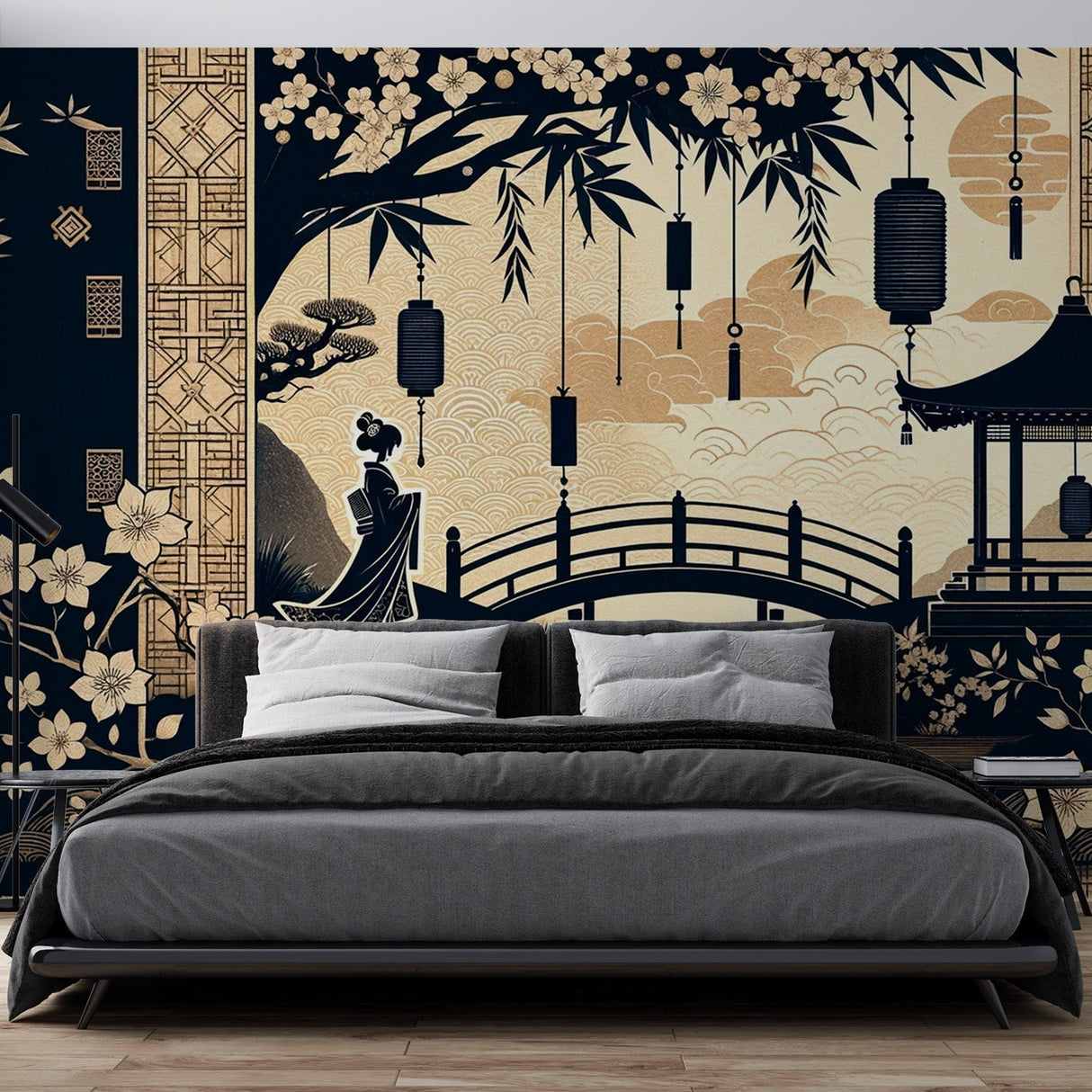 Japanese garden wallpaper in modern living room showing black and gold zen design with cherry blossoms and bridge