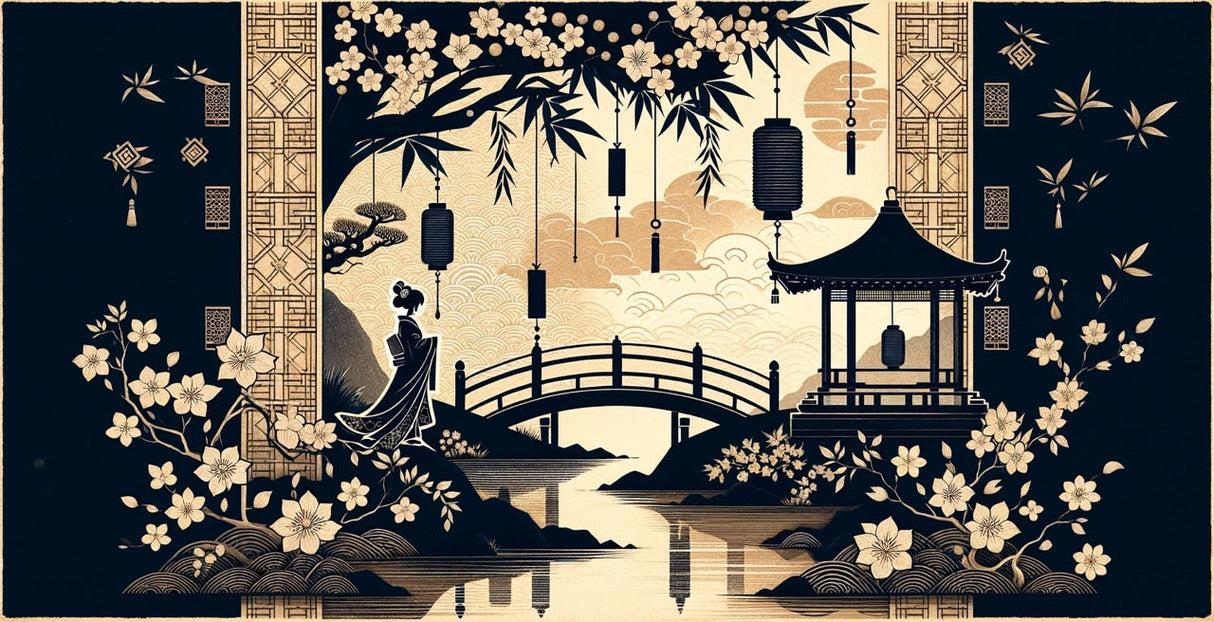 Design file of Japanese garden pattern with black and gold elements featuring zen landscape