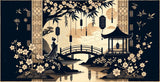 Design file of Japanese garden pattern with black and gold elements featuring zen landscape