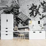 Dramatic Samurai wall art in bedroom highlighting monochromatic design