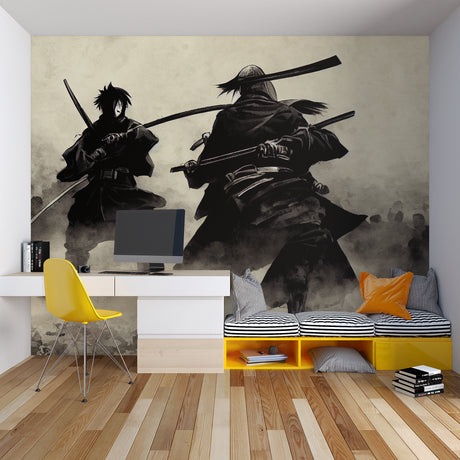 Japanese Samurai Battle Wallpaper creating dramatic impact in modern living room with minimalist furniture