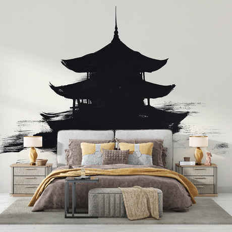 Japanese pagoda ink art wallpaper creating a striking focal point in a modern minimalist living room with clean lines