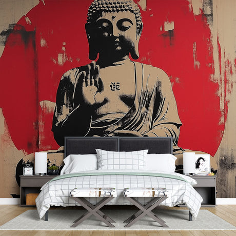 Buddha wall mural creating a peaceful atmosphere in a modern living room with natural light highlighting the red rising sun design
