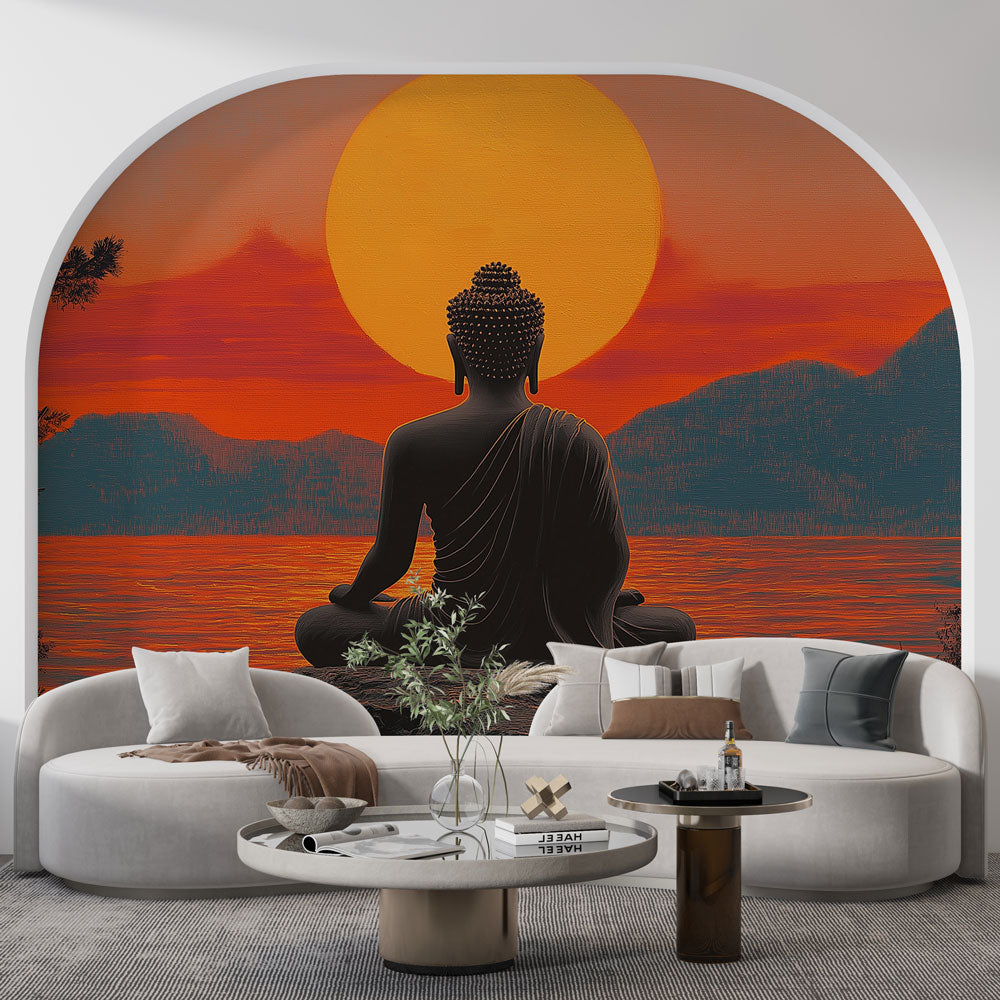 Buddha wallpaper mural creating serene atmosphere in modern minimalist living room with natural light