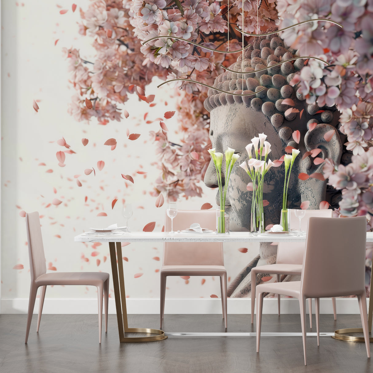 Buddha Cherry Blossom wallpaper in modern meditation room with natural light