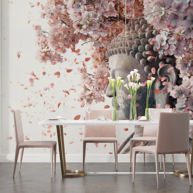 Buddha Cherry Blossom wallpaper in modern meditation room with natural light