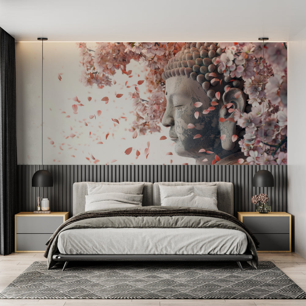 Zen Buddha wall mural creating calm atmosphere in master bedroom