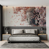 Zen Buddha wall mural creating calm atmosphere in master bedroom
