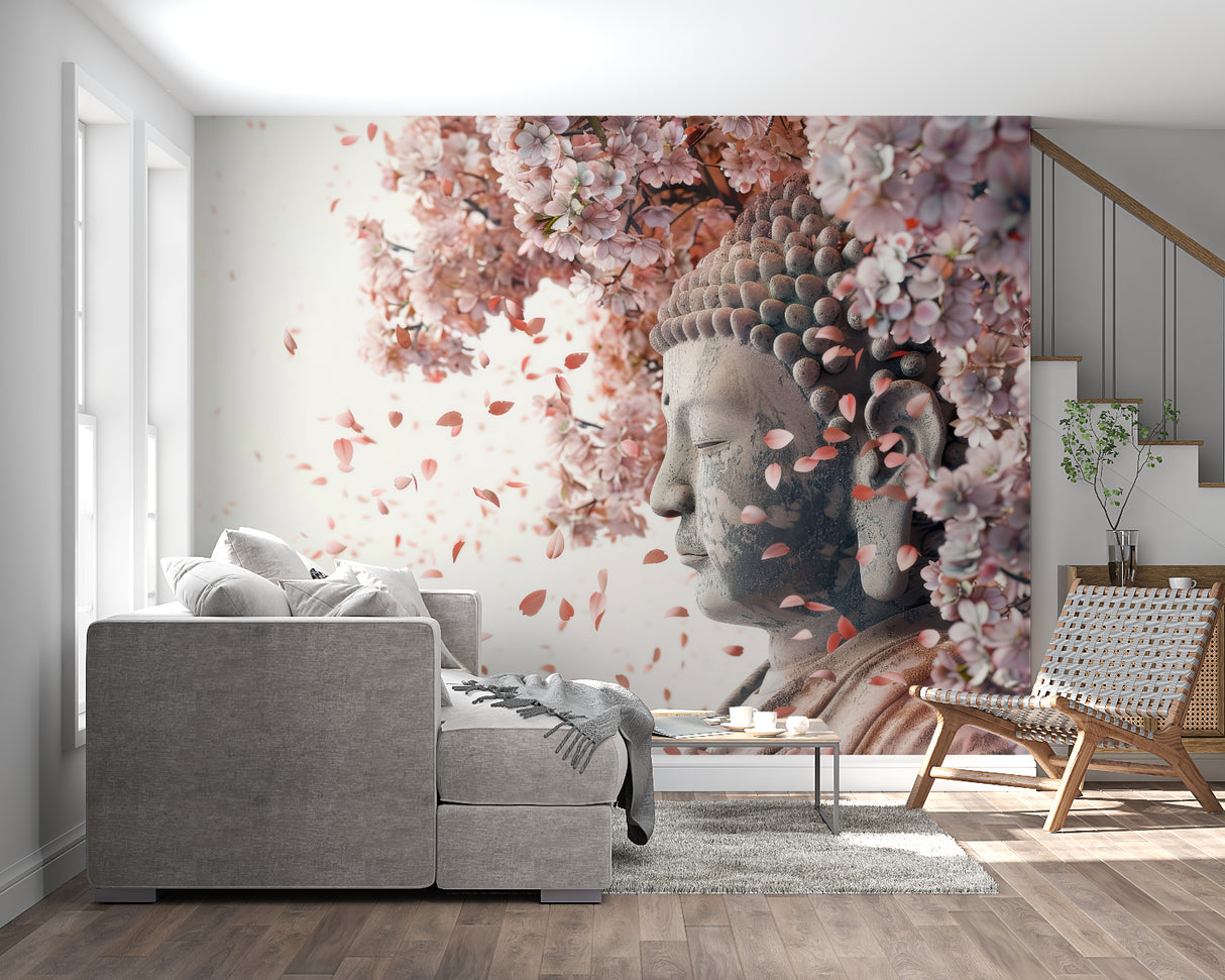 Japanese Buddha wallpaper transforming living room into peaceful sanctuary