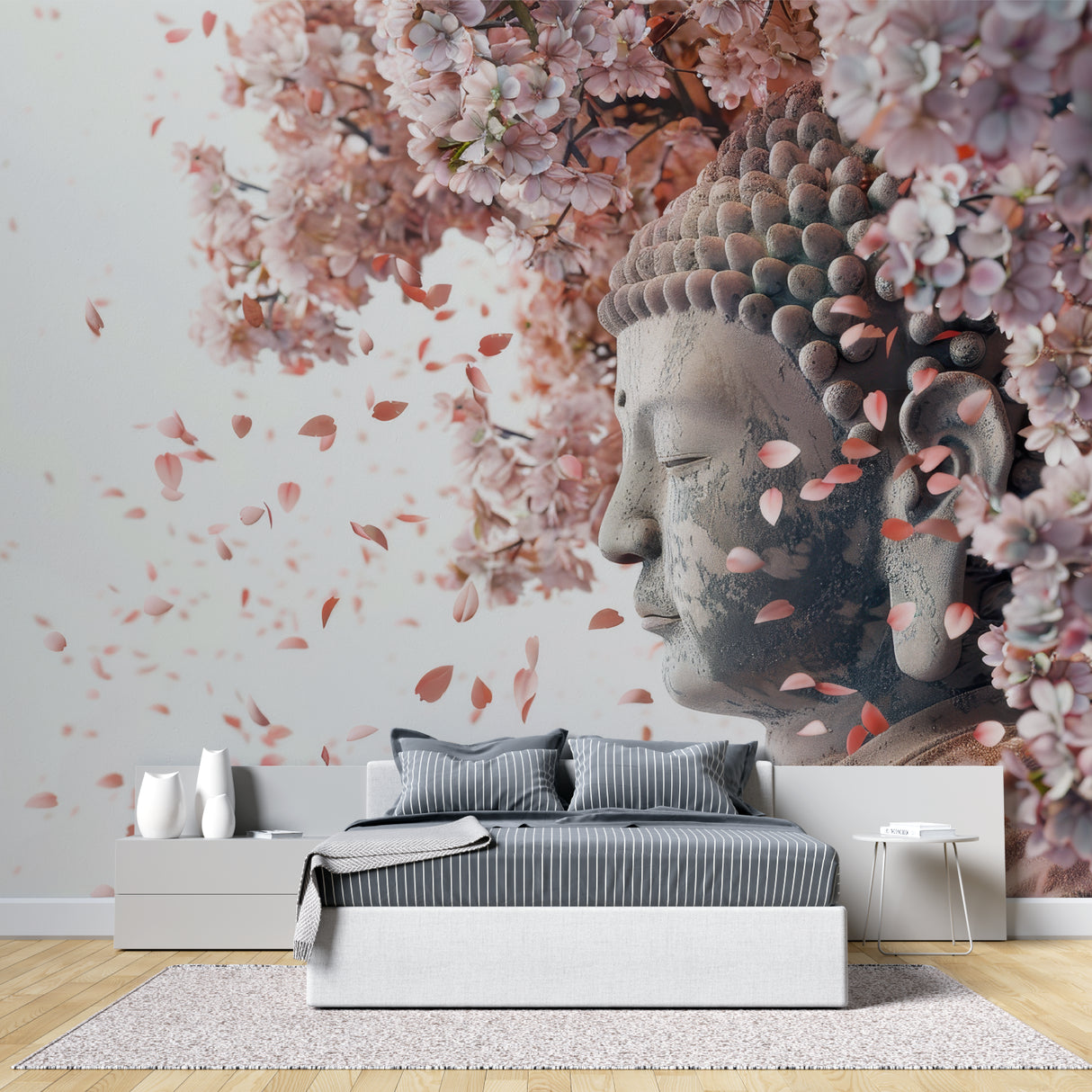 Cherry blossom Buddha mural in yoga studio showing scale and impact
