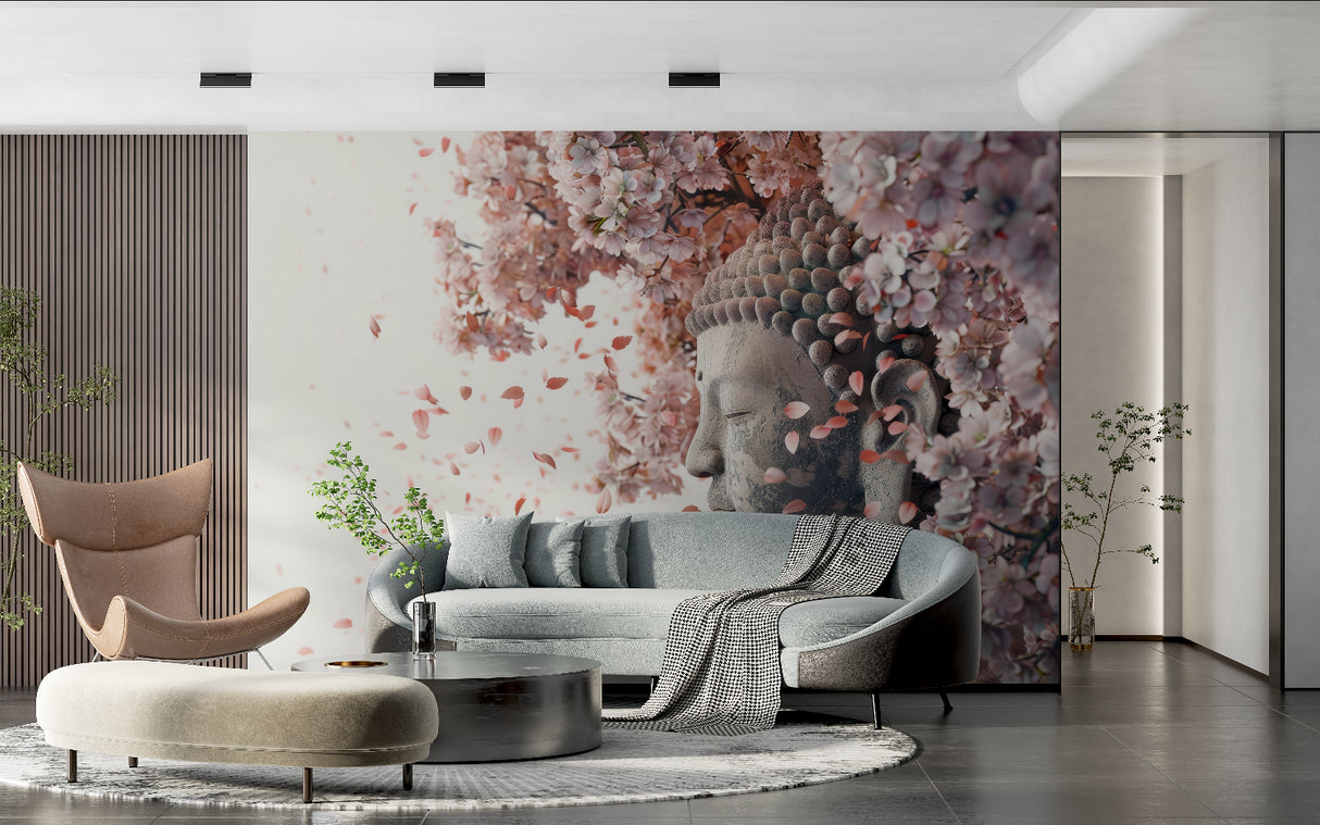 Zen wallpaper with Buddha and blossoms in spa reception area