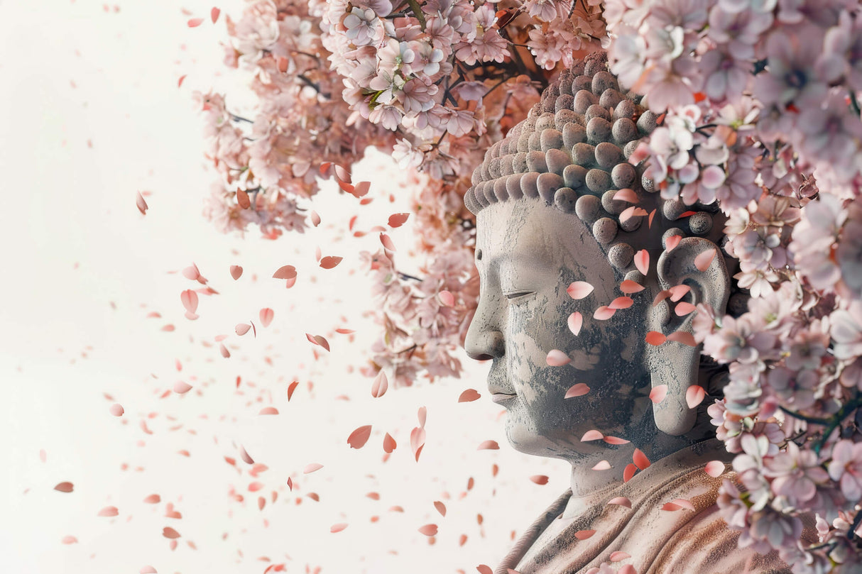 Design file showing detailed Buddha statue with floating cherry blossoms pattern
