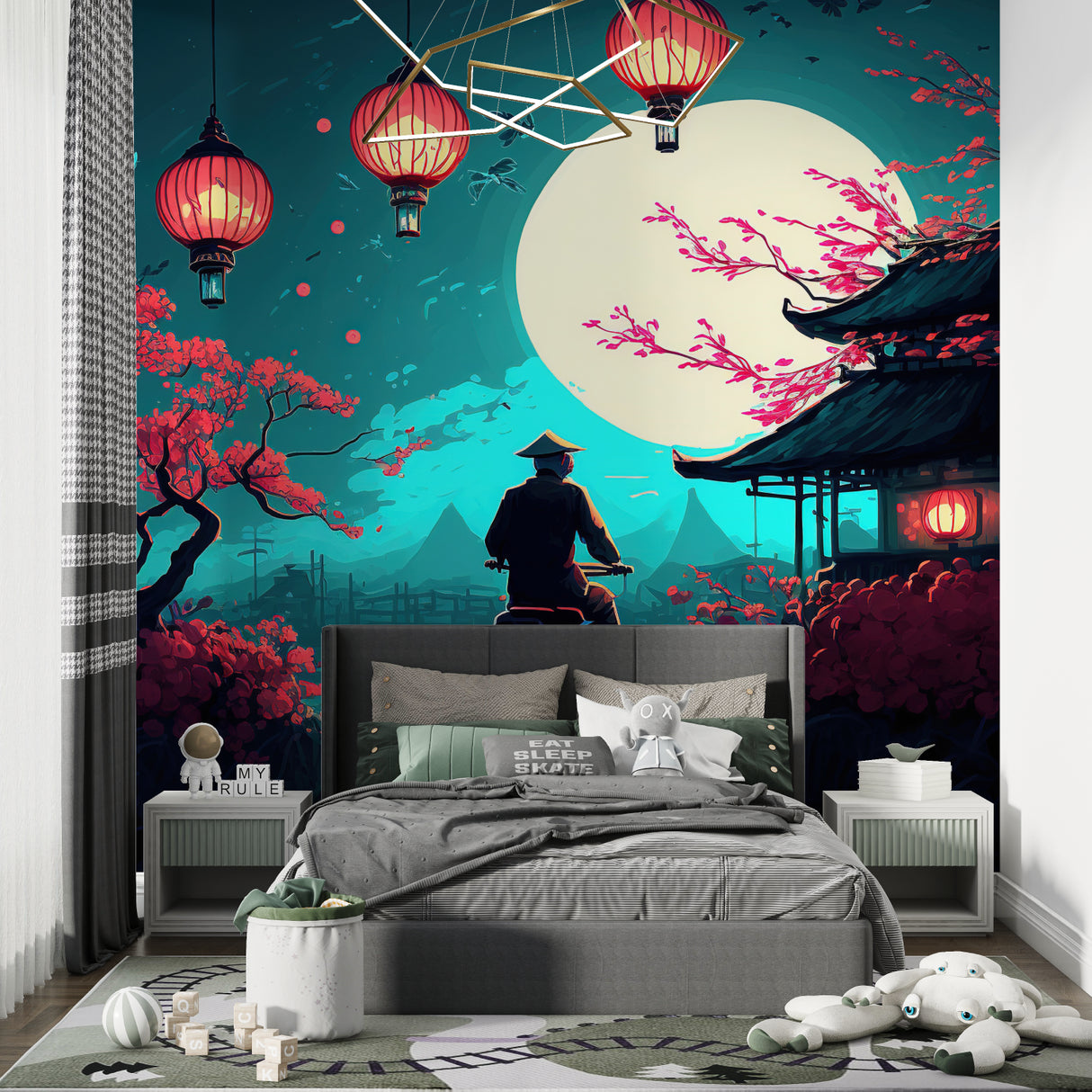 Japanese garden wallpaper with lanterns and cherry blossoms creating calm in modern living room