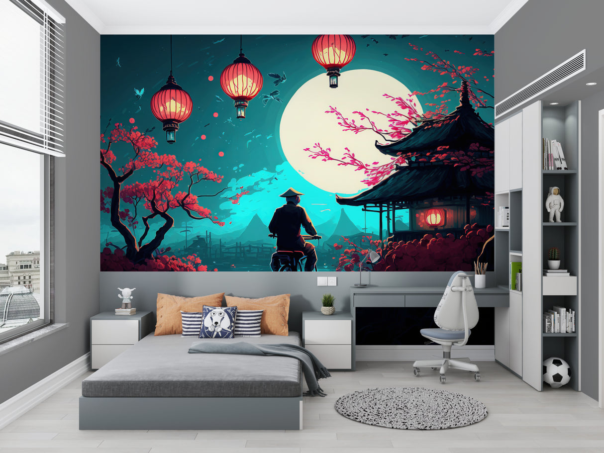 Cherry blossom wall mural bringing Asian charm to master bedroom