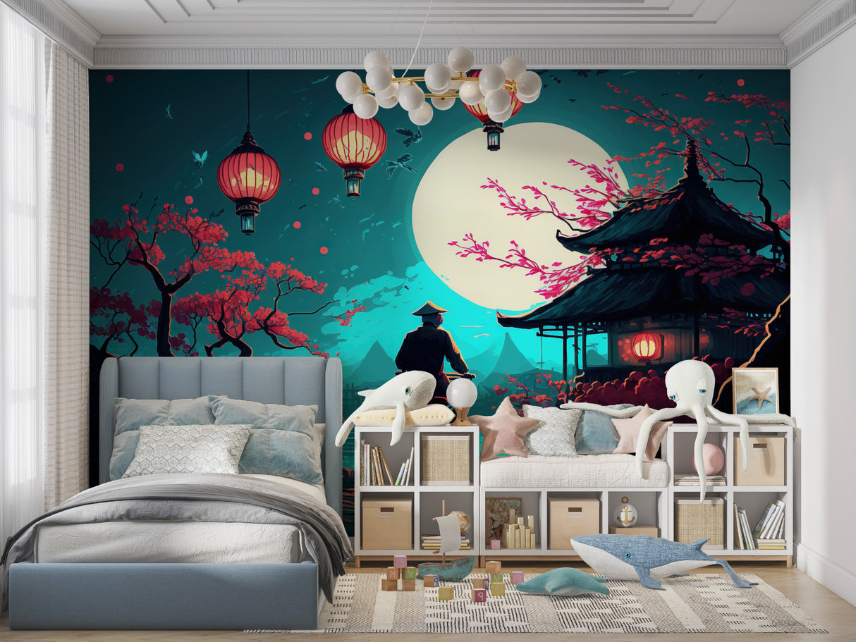 Japanese lantern wallpaper making statement in dining room