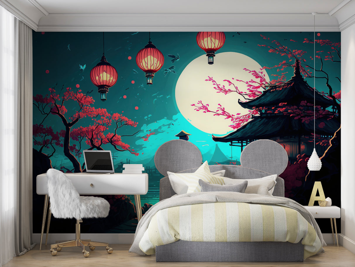 Night scene Japanese mural transforming meditation space