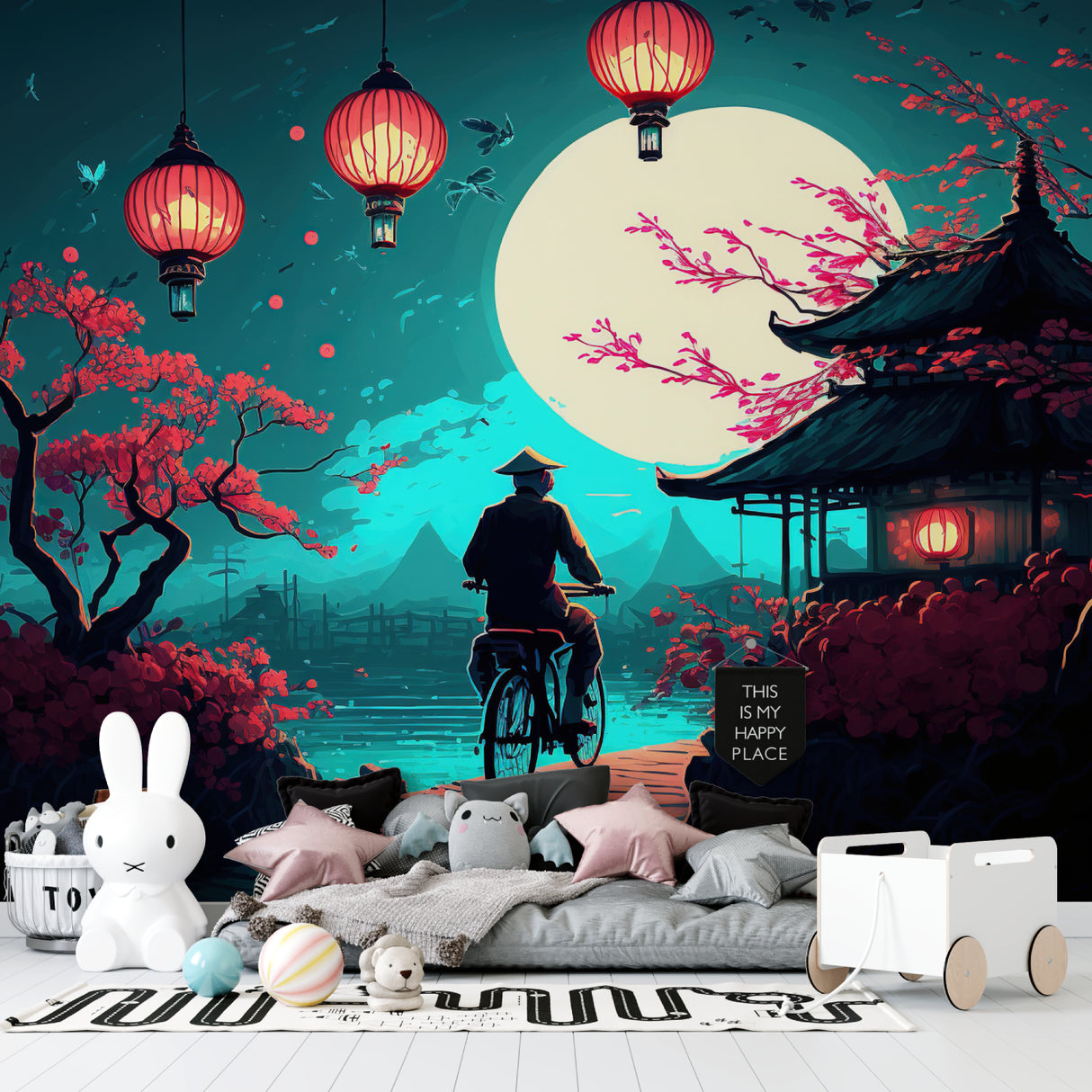 Cherry blossom and lantern wallpaper adding elegance to hallway