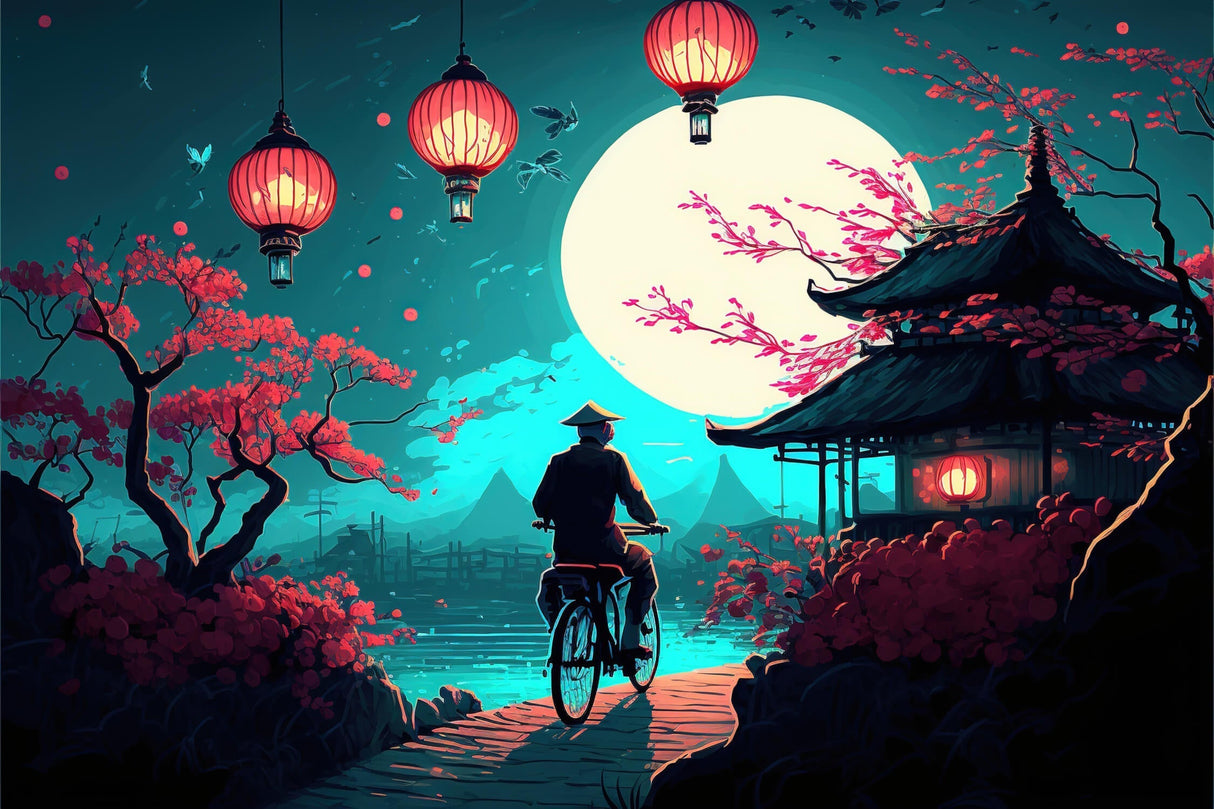 Japanese garden design file with cherry blossoms and glowing lanterns against turquoise night sky