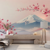 Japanese Cherry Blossom Wallpaper creating a serene atmosphere in a modern living room with Mount Fuji vista