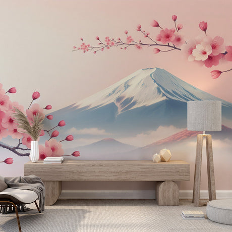 Japanese Cherry Blossom Wallpaper creating a serene atmosphere in a modern living room with Mount Fuji vista