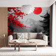 Japanese pagoda wallpaper with red cherry blossoms creating a stunning focal point in a modern minimalist living room