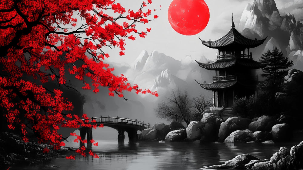 Japanese landscape design file showing detailed cherry blossoms and pagoda against misty mountains