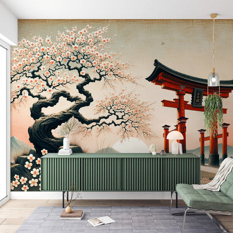 Japanese Cherry Blossom Wallpaper with red torii gate creating a peaceful atmosphere in a modern living room