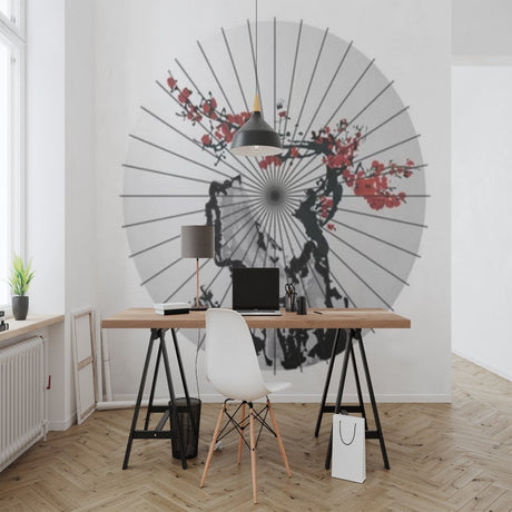 Japanese cherry blossom circle wallpaper creating a stunning focal point in a modern minimalist living room