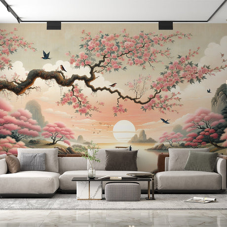 Japanese cherry blossom wallpaper creating a serene atmosphere in a modern living room with minimal furniture