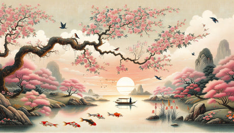 Cherry blossom lake scene design file showing detailed pink blooms and tranquil water pattern