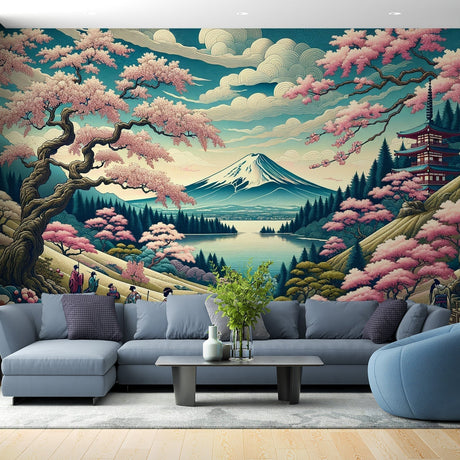Japanese Mount Fuji wallpaper with cherry blossoms creating a peaceful atmosphere in a modern living room