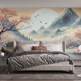Japanese cherry blossom wallpaper creating a serene atmosphere in a modern living room with mountain lake view