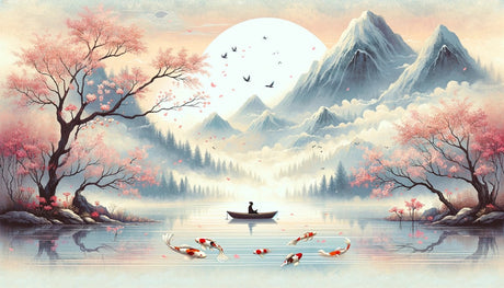 Japanese landscape wallpaper design file showing detailed cherry blossoms and misty mountain lake pattern