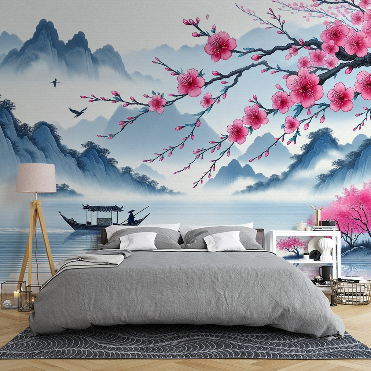 Japanese cherry blossom wallpaper creating a peaceful atmosphere in a modern living room with minimal furniture