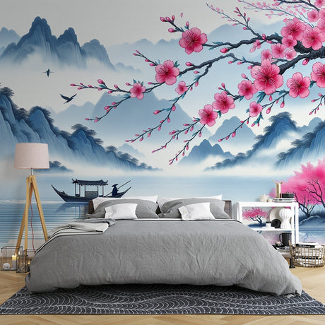 Japanese cherry blossom wallpaper creating a peaceful atmosphere in a modern living room with minimal furniture