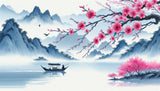 Cherry blossom mountain lake design file showing detailed pattern and soft color palette