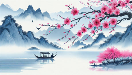 Cherry blossom mountain lake design file showing detailed pattern and soft color palette