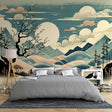 Japanese Cherry Blossom wallpaper creating a serene atmosphere in a modern living room with minimal furniture