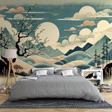 Japanese Cherry Blossom wallpaper creating a serene atmosphere in a modern living room with minimal furniture