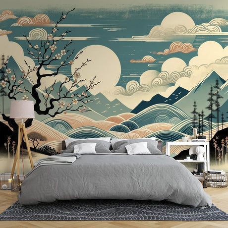 Japanese Cherry Blossom wallpaper creating a serene atmosphere in a modern living room with minimal furniture