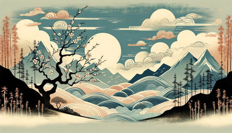 Japanese landscape design file showing detailed cherry blossoms and mountain peaks pattern